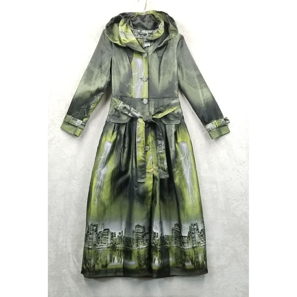 Samuel Dong Coat Women Medium Green Cityscape Long Jacquard Trench Limited Ed.